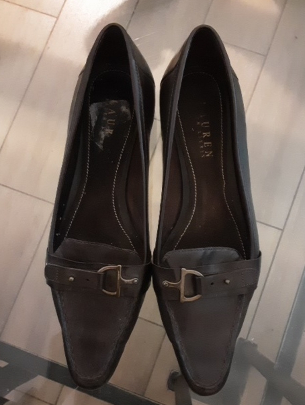 Lauren Ralph-Dark Brown Leather Loafers with Buckle Accent